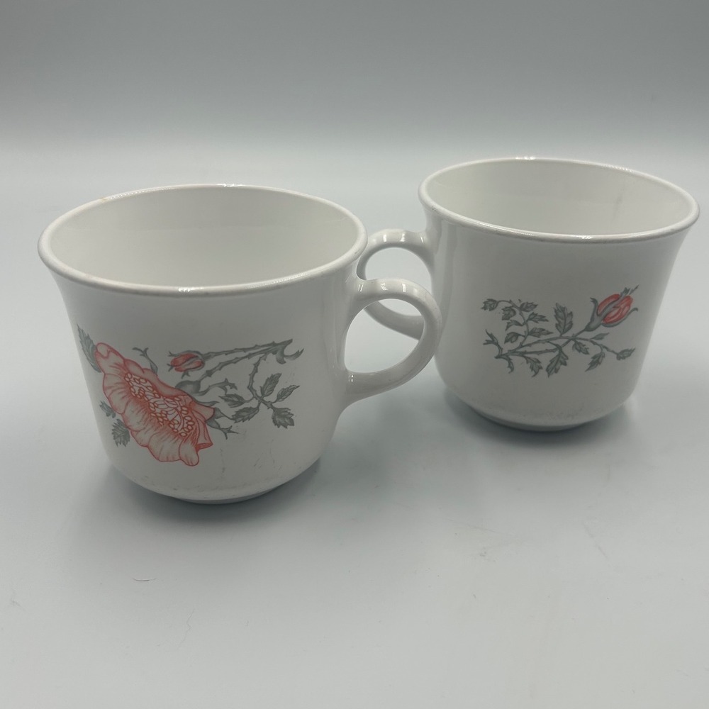 Vintage Corning Centura Wild Rose Floral Coffee Mugs Set of 2 White Pink Rose